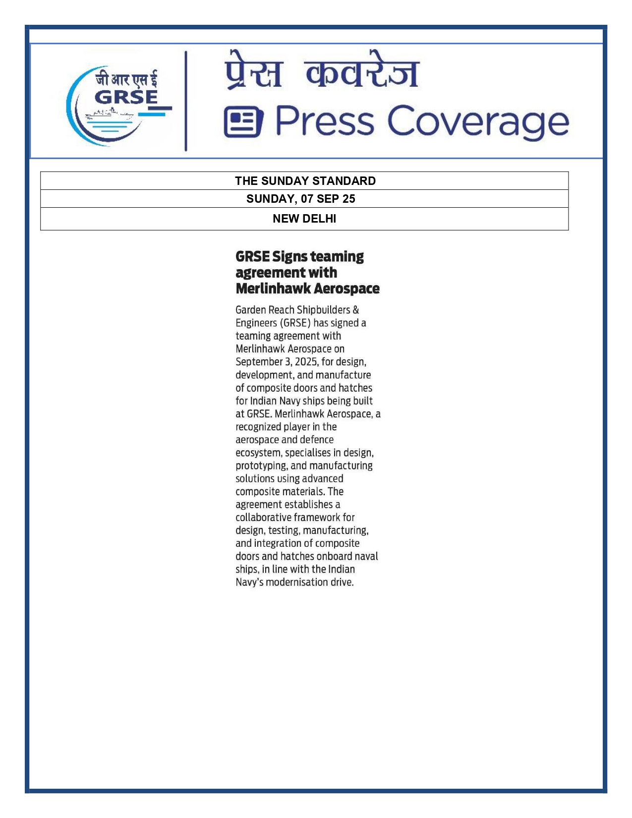 07 Sept 25:GRSE signs teaming agreement with Merlinhawk Aerospace